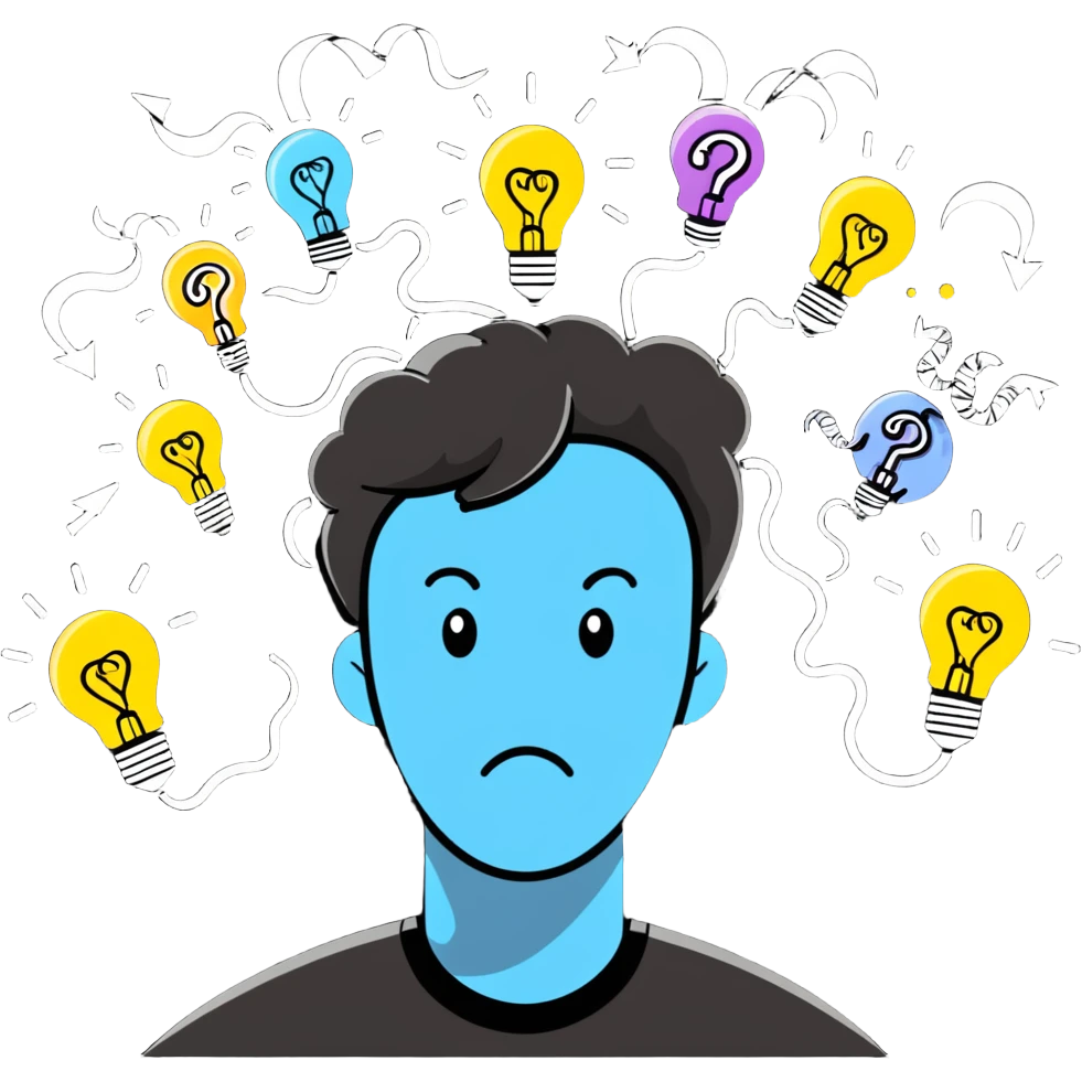 Person with a chaotic mind, swirling tornado of tangled thoughts around their head, containing question marks, light bulbs, and scribbles. The person has a bewildered, overwhelmed expression. emoji