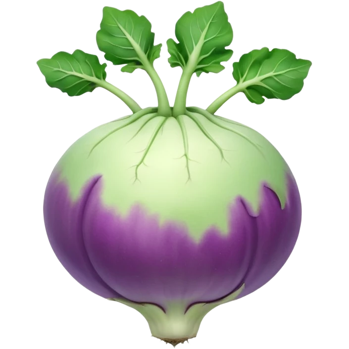 whole kohlrabi bulb, smooth pale green to light purple skin, round and slightly flattened, a few short leafy stems emerging from the top, firm surface with faint natural lines and gentle bumps, soft lighting, subtle shadows, emoji scale emoji