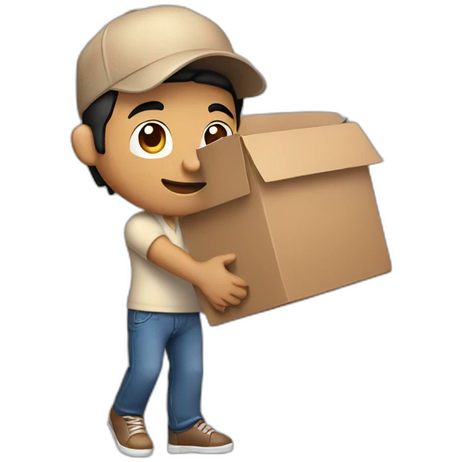 Tan skinned fit Man with black hair in a brown cap, blue jeans and beige polo T-shirt keeping a pasted box into his hands emoji