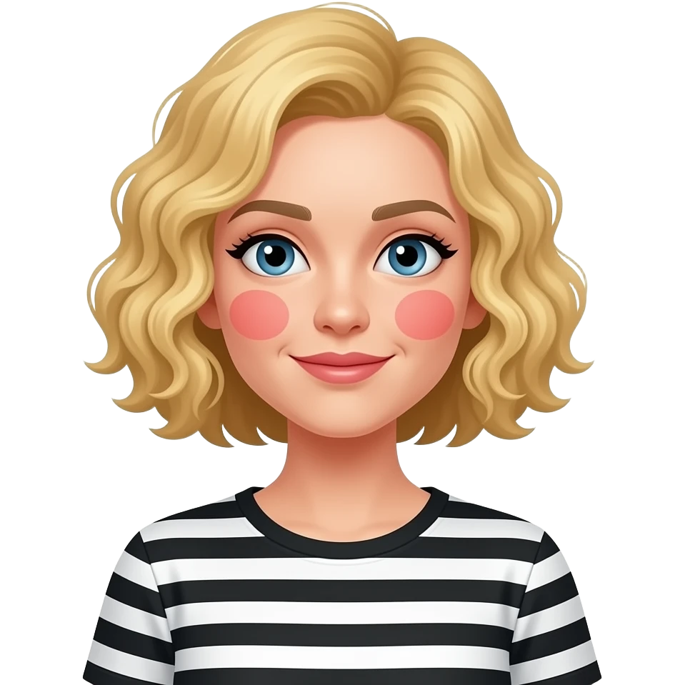 blonde curly bob red patches on cheeks blushing in a black and white stripe shirt emoji