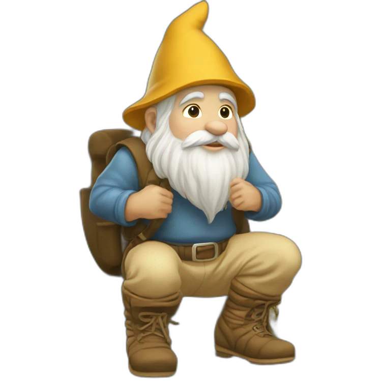 side view of gnome with light tan pants and light tan boots squatting near small brown log emoji