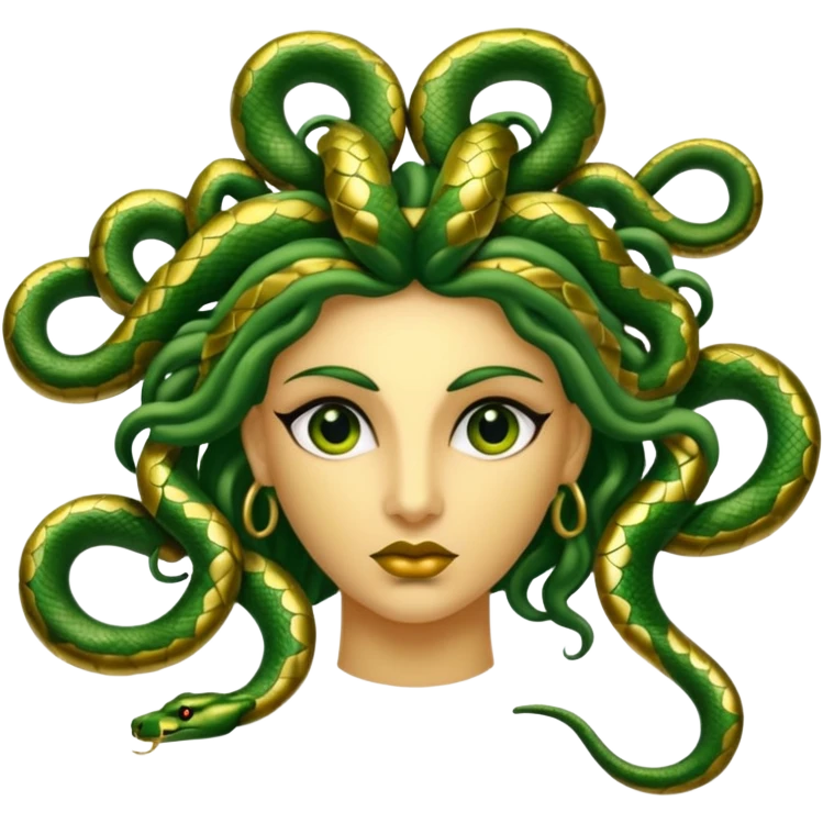 The Sicilian Medusa in gold and green and make the snake hair have snake faces  emoji