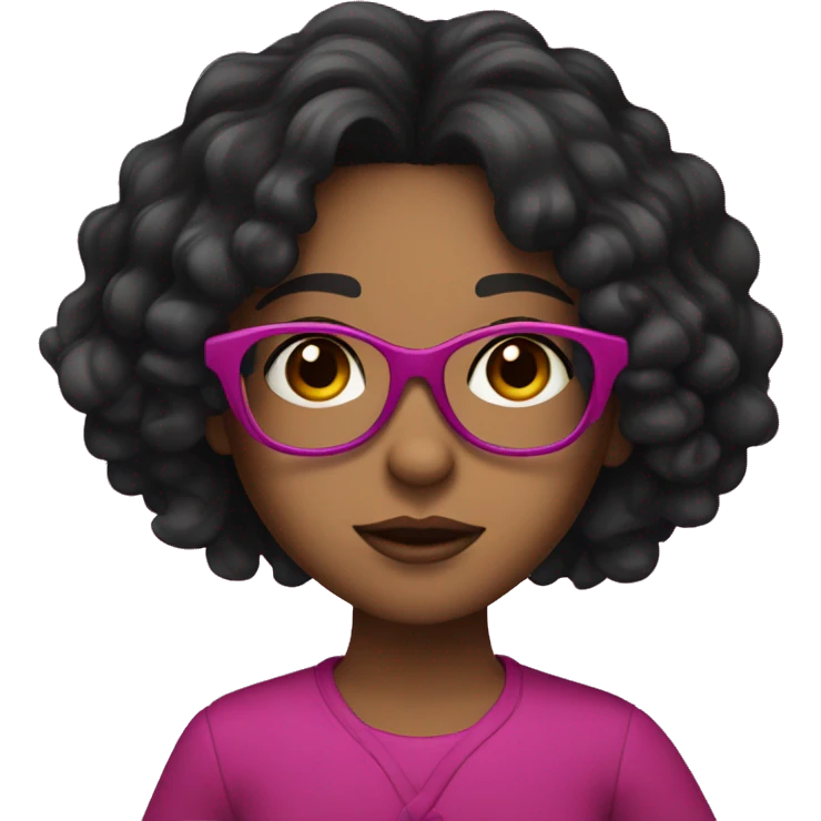 Girl with long curly black hair and brown skin and dark brown eyes and fuchsia glasses emoji