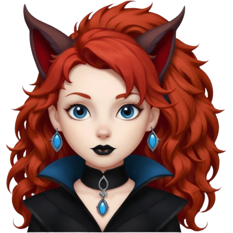  long curly red hair (darker), red pointed ears with black trim, black goth outfits, body and face human, blue eyes, more pointy chin, black lipstick, big fluffy red squirrel tail with black tips, like the attached photo with more outfits and poses,  emoji