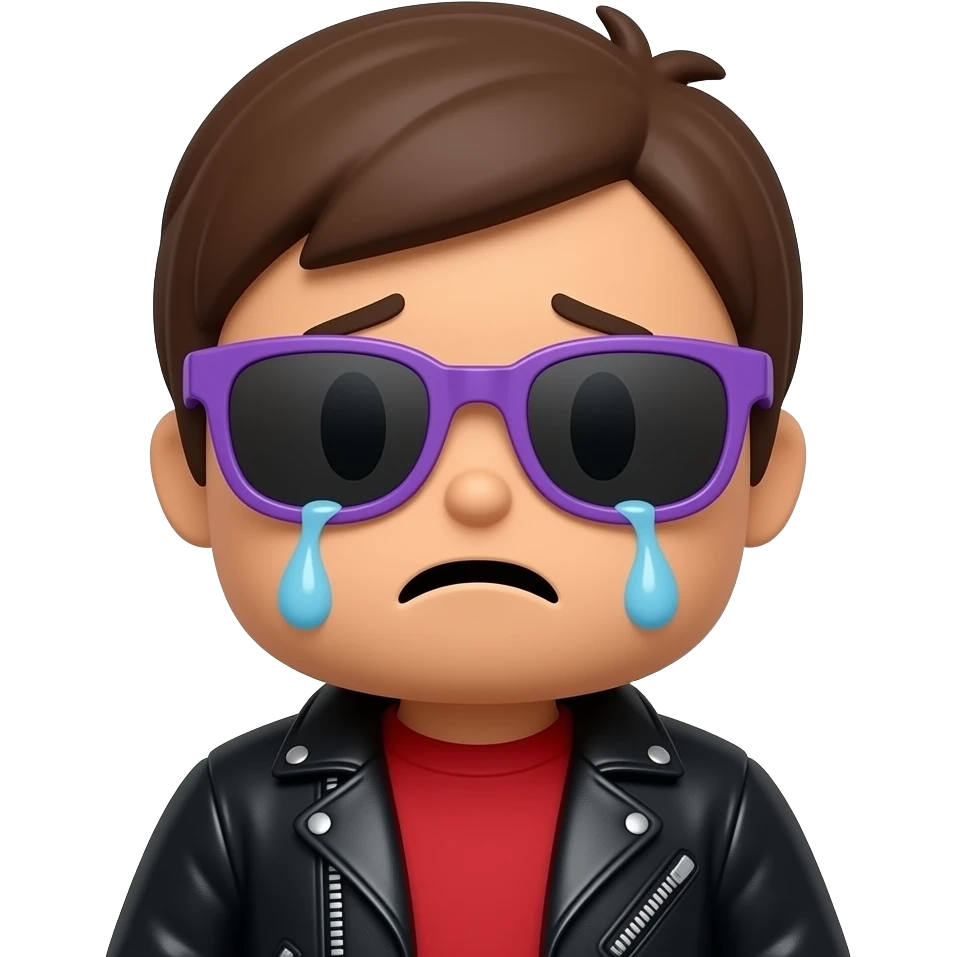 Crying Roblox POCOYO boy avatar emoji, brown hair, purple sunglasses, black leather jacket, red shirt with... emoji