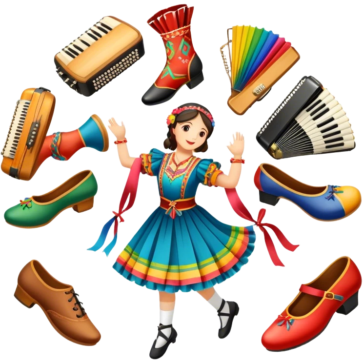 Icon for Folk Dance: close-up traditional dance shoes, colorful folk costumes, and a dance circle with ribbons and musical instruments like a tambourine or accordion. The icon should represent the vibrant and cultural aspects of folk dancing. Transparent background. emoji