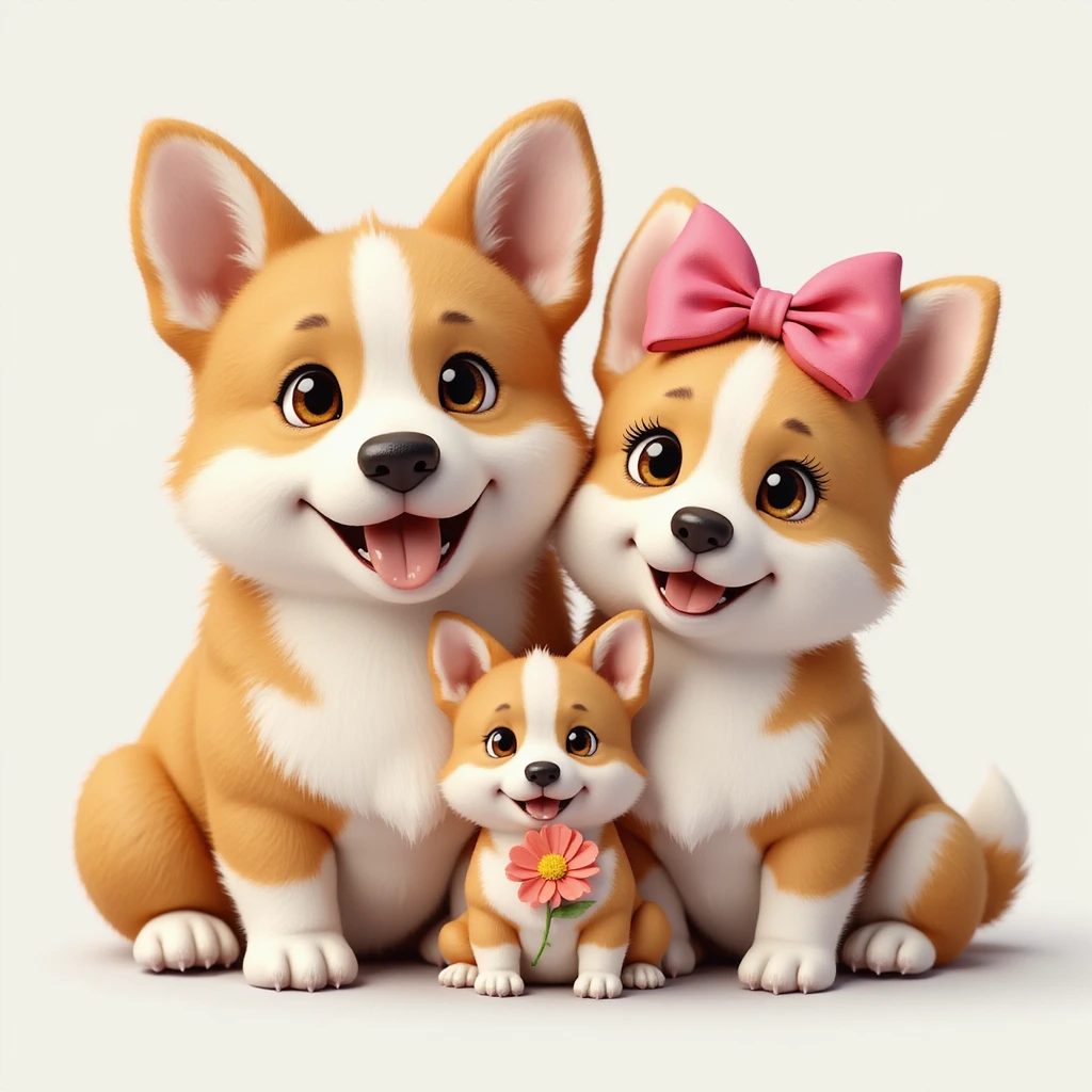 photorealistic corgi family together: male, female with pink bow, and small puppy with flower, all looking happy emoji