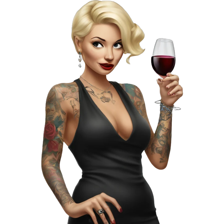 Blonde elegant women, her body covered with tattoos, wine in her one hand, pointing on you with her other hand , Hyper realistic emoji