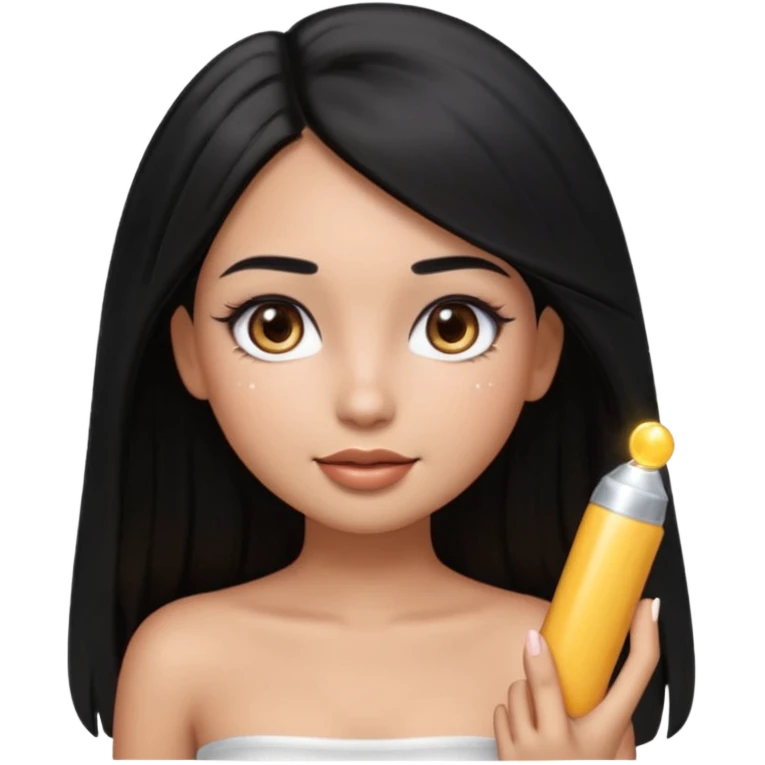 pretty cartoon girl, semi-realistic 3D emoji style, long middle parted straight black hair, tan skin, brown eyes, long eyelashes, soft glam makeup, glossy lips, smooth skin, cute aesthetic, sparkles in hair, white tube top emoji