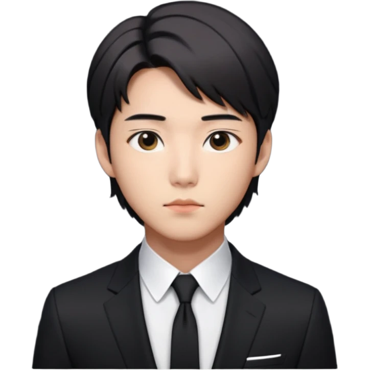 Create a Korean male idol in sleek black suit, side-swept hair & serious gaze, inspired by RM of BTS. emoji