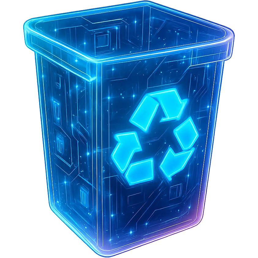 Create an empty recycle bin icon in a cyberpunk, holographic style with glowing neon blue and pink edges, circuit patterns throughout the bin, futuristic and clean look, consistent cyberpunk glow and intricate circuit details, matching the style of the previous cyberpunk icons. emoji