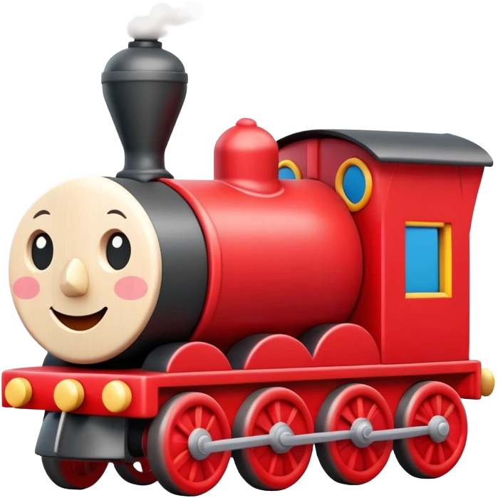 A cute wooden toy train with a cheerful face and rosy cheeks emoji