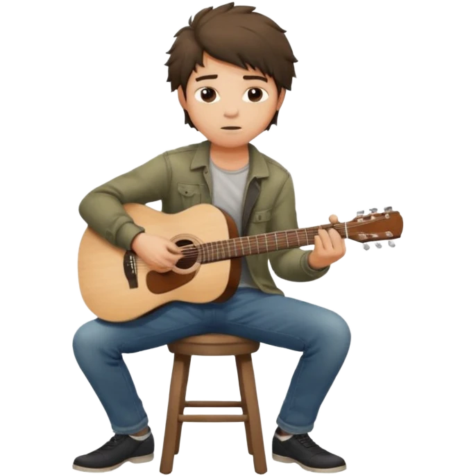 Young man – sitting on stool, casual clothes, playing acoustic guitar, focused expression.
 emoji
