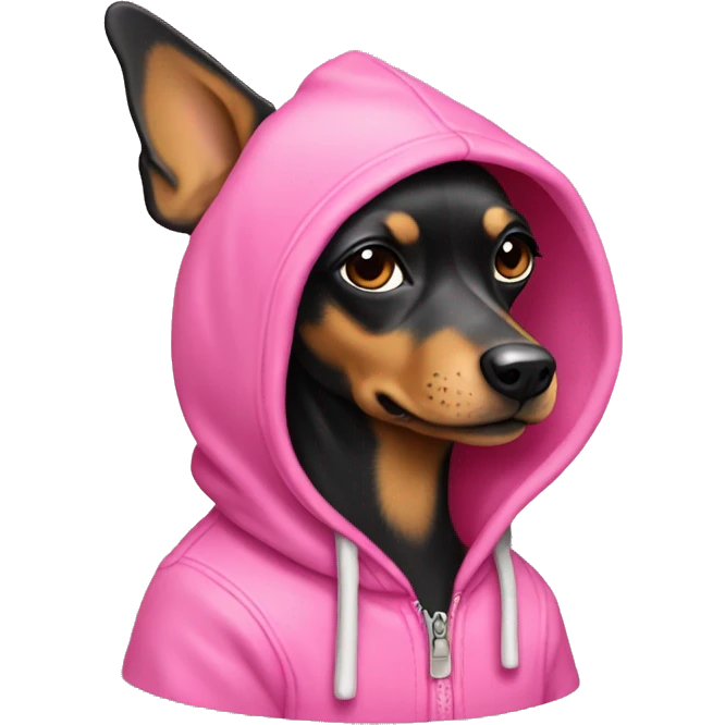 Black and tan miniature pincher wearing a pink hoodie emoji