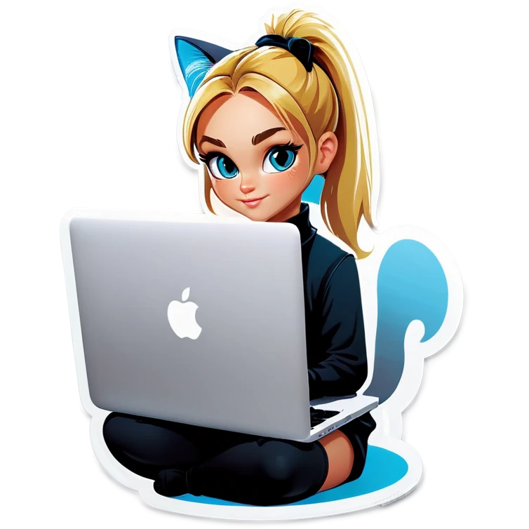 Blonde girl ponytail macBook and a cat emoji