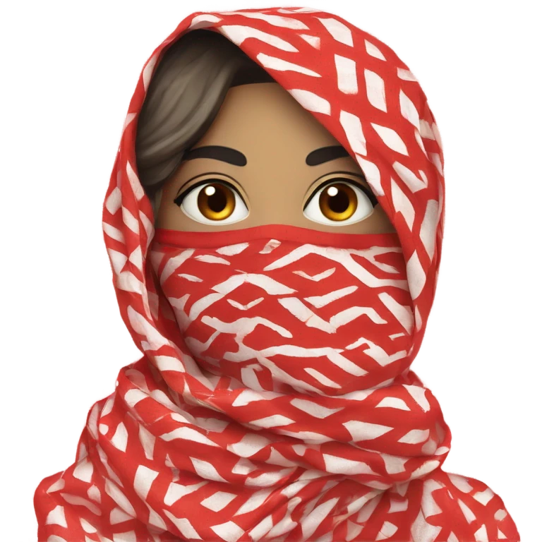 Woman wearing red and white patterned kuffiyeh covering mouth hand covering mouth emoji