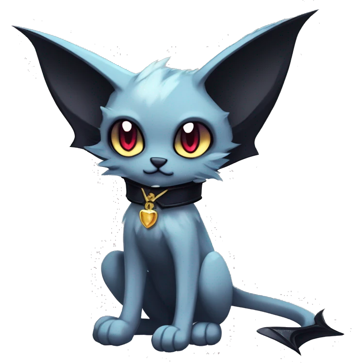   cool edgy beautiful anime-style ethereal dark-punk-themed animal vampiric cat-hybrid Fakemon with fangs and bat-wing-ears with a collar full body emoji