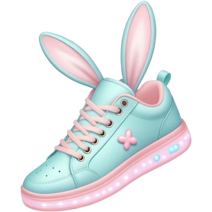 Cute Kawaii Shoe, small and bouncy, soft pastel sneakers with glowing highlights, cute sparkling eyes, a happy cheerful expression, laces tied like bunny ears! emoji