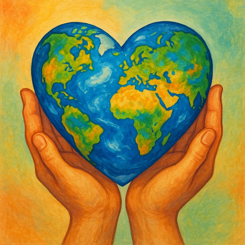 a pair of hands gently holding a heart-shaped Earth, vibrant and friendly, colorful and inviting emoji