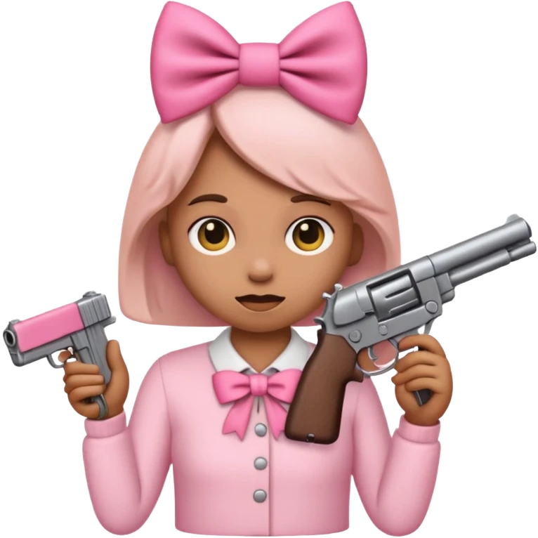 Shy emoji with pink bows holding a gun emoji