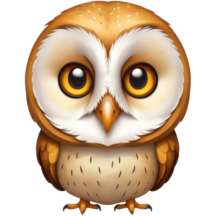 Cinematic Comical Barn Owl Portrait Emoji, Head tilted dramatically with an exaggeratedly amused expression, featuring a striking mottled plumage with bold contrasts, wide, expressive amber eyes filled with playful disbelief, Simplified yet hilariously expressive features, highly detailed, glowing with a slightly sassy glow, high shine, dramatic yet playful, stylized with an air of cheeky nocturnal mischief, bright and endearing, soft glowing outline, capturing the essence of a spirited and over-the-top owl, so meme-worthy it feels like it could hoot its way into internet fame instantly! emoji