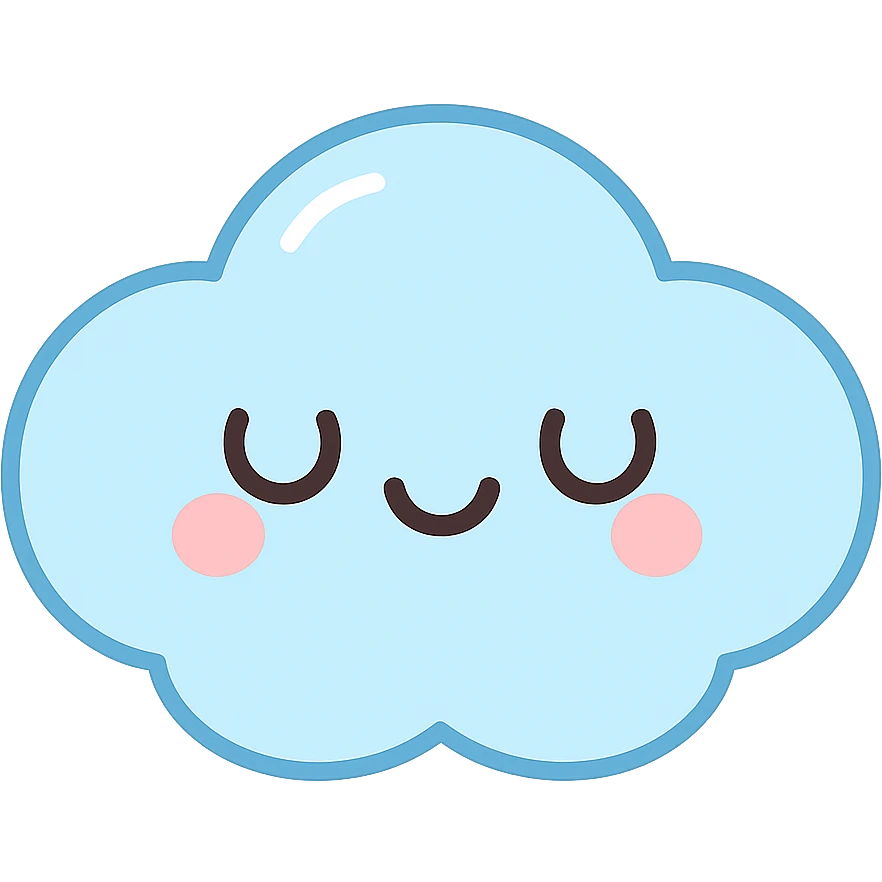 chibi cloud character, extra round and puffy, smiling with closed eyes, pastel sky blue, sparkles, subtle blush, kawaii vector sticker emoji