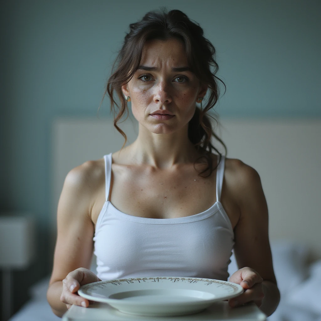 realistic woman with PCOS weighing herself on scale, holding ketogenic plate, disappointed expression, face with acne and facial hair, thin hair, clinical environment, hyperrealistic 4K details emoji
