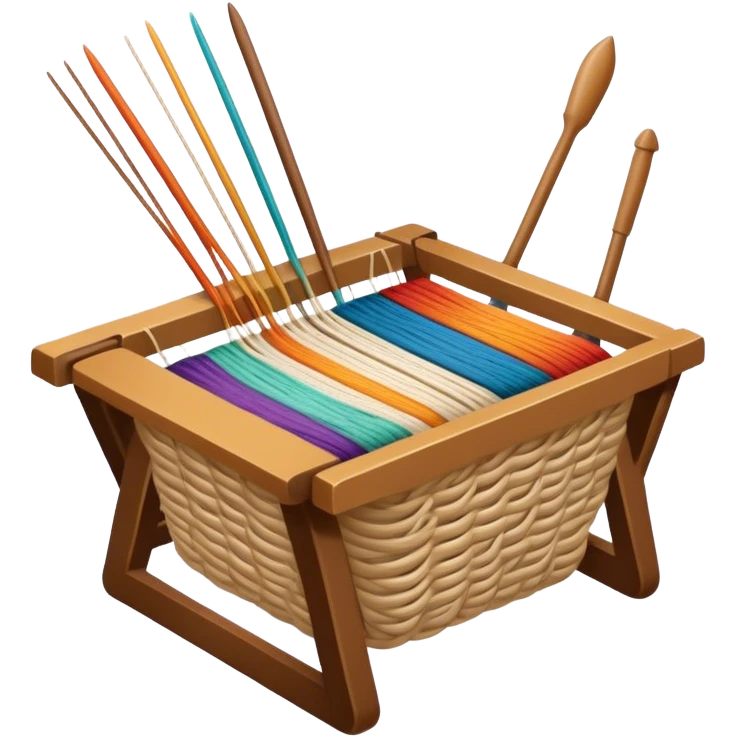 Weaving icon, various types of weaving such as basket weaving, macramé, and loom weaving, showing intertwined threads or ropes, weaving tools like shuttle, crochet hook, and loom, minimalistic style, clean lines, transparent background. emoji