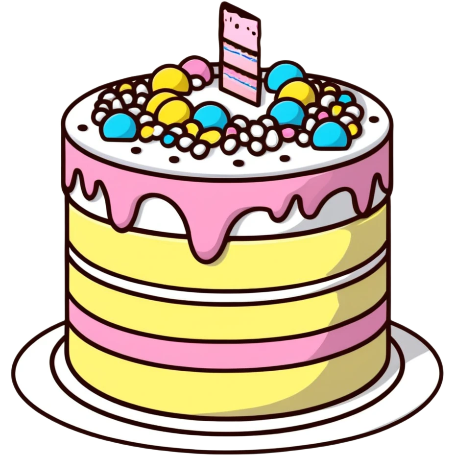 Colorful whole round layer cake with sprinkles and decorative icing emoji