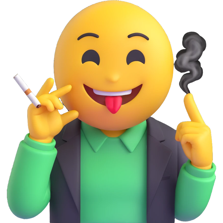happy emoji character with a cigarette, making a good trade, green 'stonk' stock market background, expressive and cheerful emoji