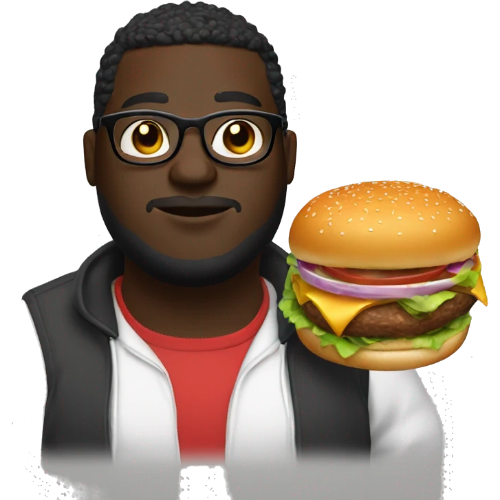 fat darkskin male with glasses with high top fade holding a burger and a skds emoji