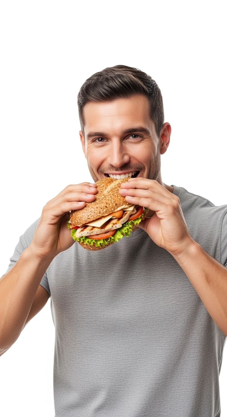 uomo fitness felice con che mangia un panino, sfondo bianco emoji