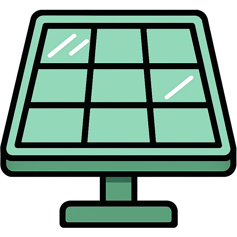 Skeuomorphic solar panel icon with mint green #B5F4D3 and black #111111 color scheme, showing a detailed panel with reflective surface and grid pattern, clean symmetric design with subtle depth and soft light emoji