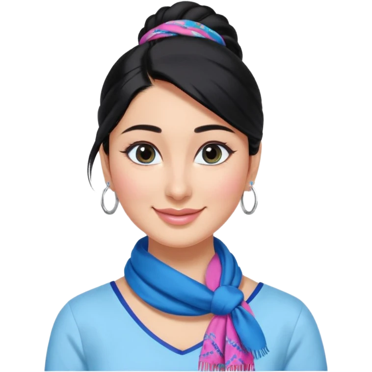 generate a pretty bratz emoji 
Make her wear a white shirt with a colorful blue-pink scarf wrapped around her neck. smiling big. Black hair tied into a side part ponytail, silver hoops and no necklace

She should look exactly  like Kareena Kapoor. kajal under eyes emoji