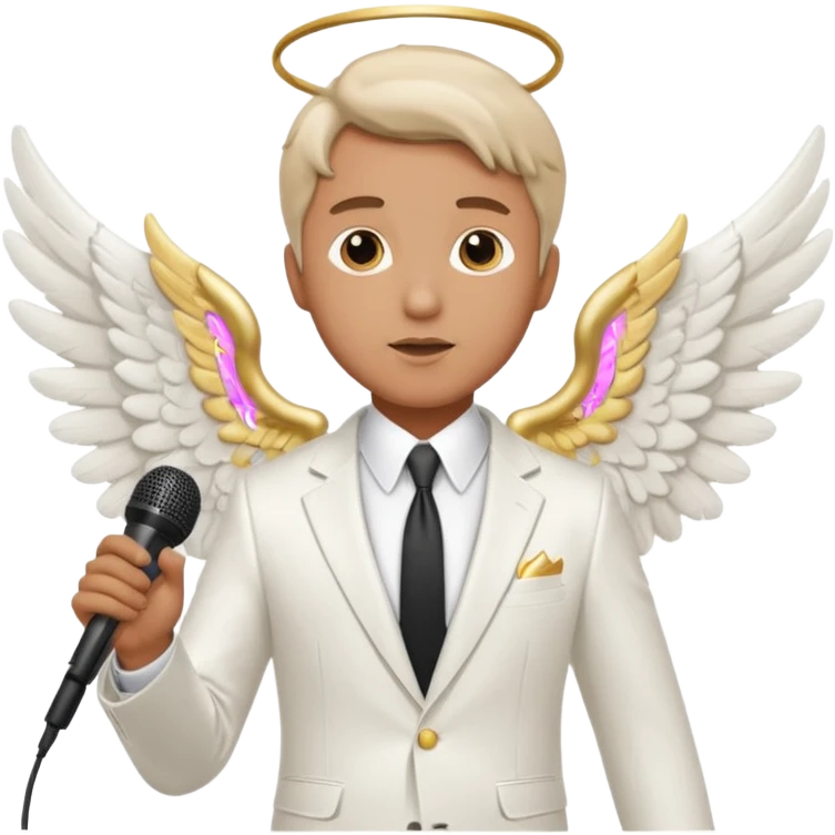 Man wearing white suit, with angel wings, holding a microphone emoji
