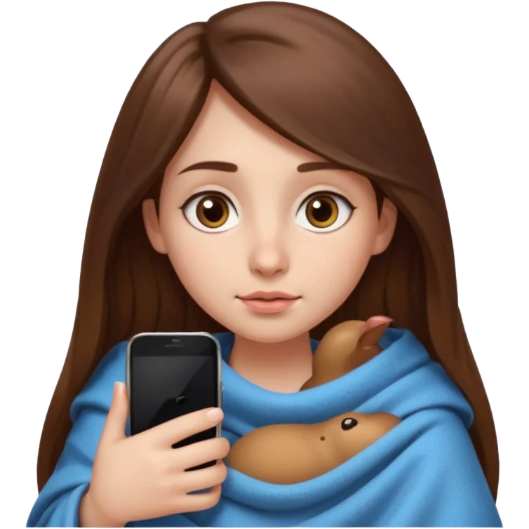 создай девушку с телефоном в руках (айфон) в стиле Emoji  iOS. 
У девушки длинные коричневые волосы, карие глаза, она сама светлая кожа, без макияжа, у неё большие глаза, нос с малекой горбмнкой и немного пухлые губы, над верхней губой родинка, сидидит укутавшись в плед emoji