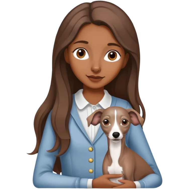 A girl with long brown hair holding a gray Italian Greyhound emoji