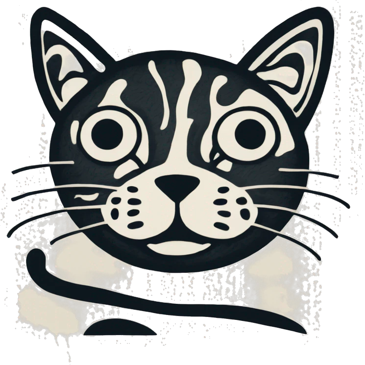 Abstract quirky funky cat made of different shapes and squiggles linocut illustrations  emoji