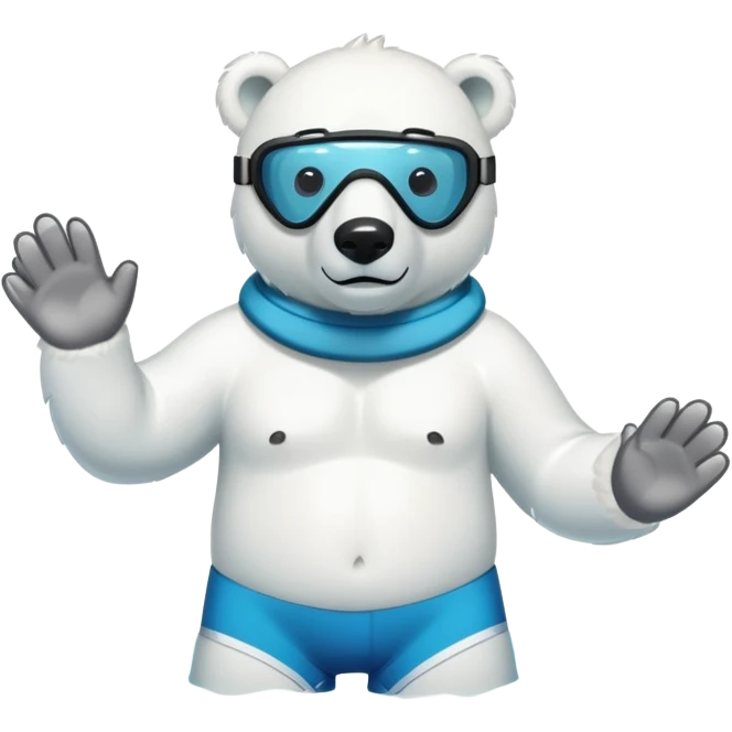 friendly anthropomorphised polar bear standing in a puddle of water, wearing board shorts, scuba mask over eyes, swimming armbands emoji