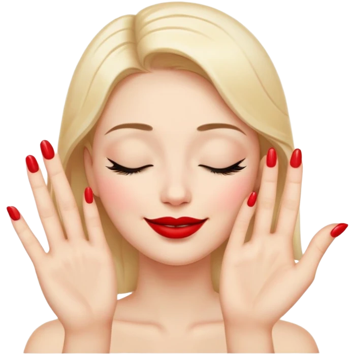 A smiling face with closed eyes forming upward curved lines, visible eyelashes, pursed lips with red lipstick, and a hand showing only the thumb out with all other fingers closed against the palm, painted nails emoji