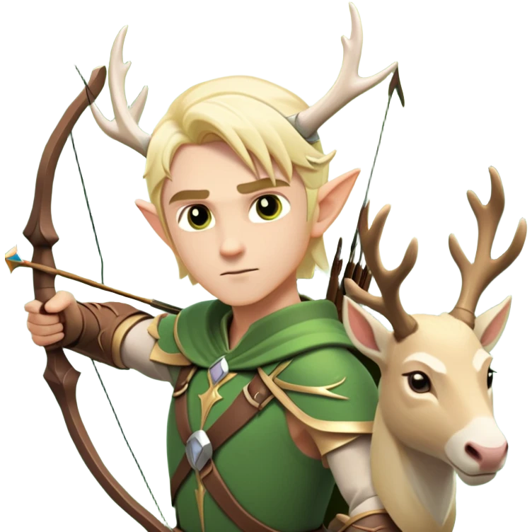 clash-of-clans-aesthetic-blond-male elf-archer-portrait-emoji, rendered in a flat, vector-style with minimal shading and bold holding his bow, simplified shapes, head tilted slightly forward with a determined, focused expression, riding a majestic white stag whose antlers glow with mystical energy, set against an ancient, enchanted forest backdrop. emoji