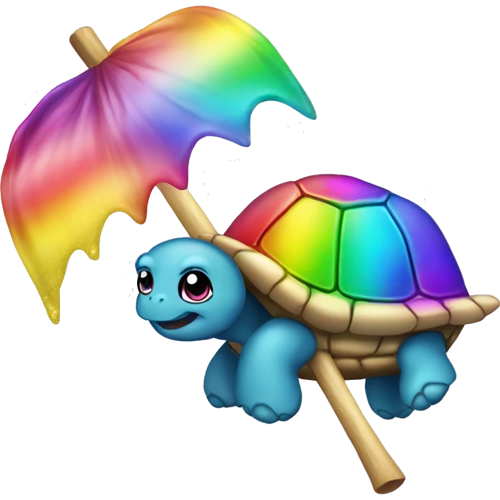 Kawaii rainbow chrome glittery turtle on witches broom emoji