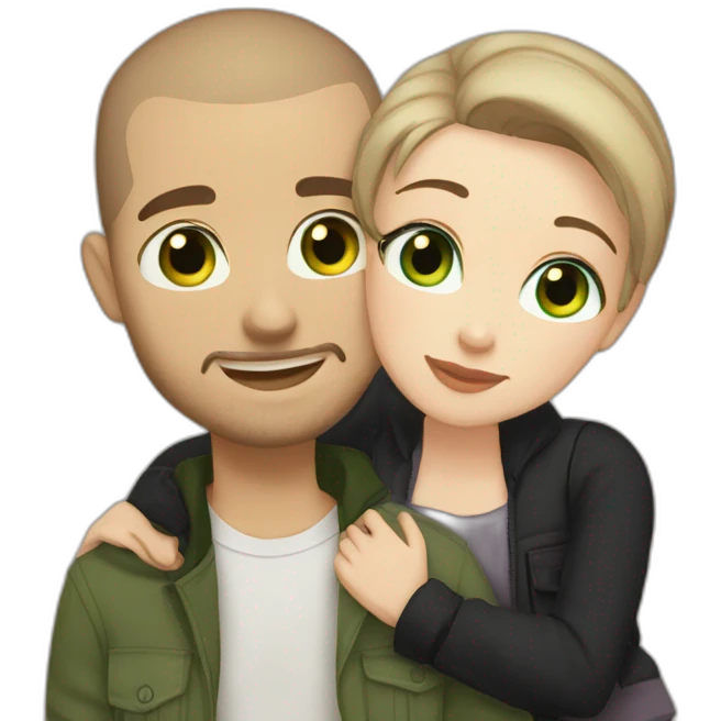 white skin Boyfriend with a light brown buzzcut and green eyes and medium length dark brown hair girlfriend with black eyes hugging emoji