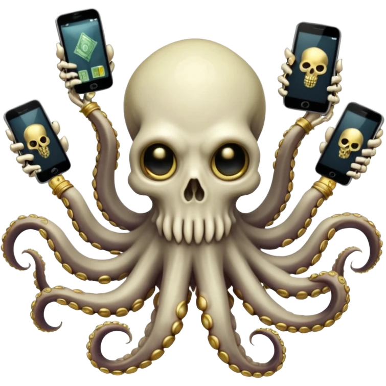 satanic octopus skeleton. Evil looking eyes, wearing a gold necklace. 2 tentacles are holding their own cellphones with one held up to its ear, 2 other tentacles are holding stacks of money emoji