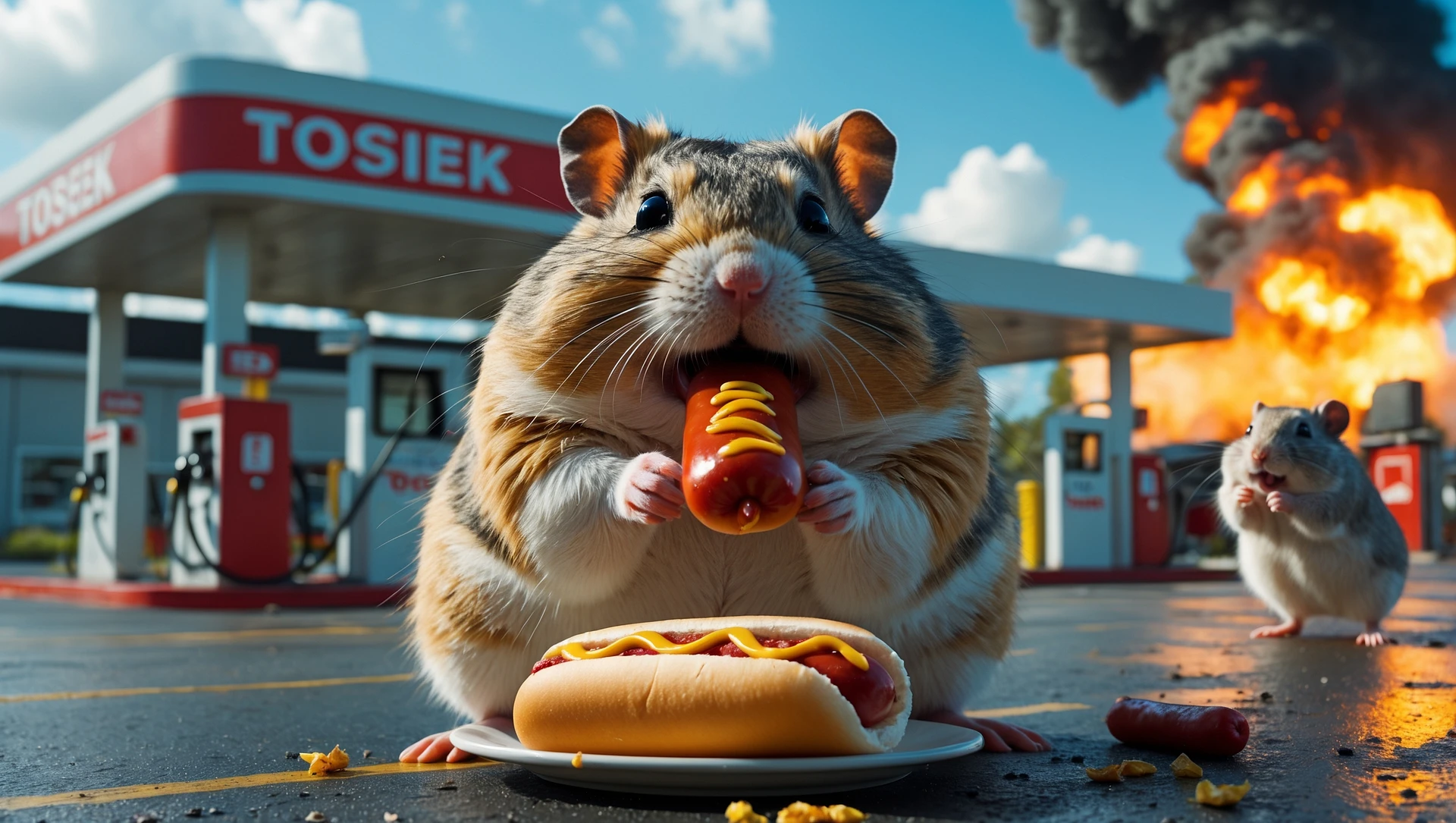 Cinematic still of A portrait of a fat hamster eating hotdog on gas station, gas station is in fire, other hamster fun away, sunny day, back light explosion , gas station named "Tosiek" (Realistic) emoji