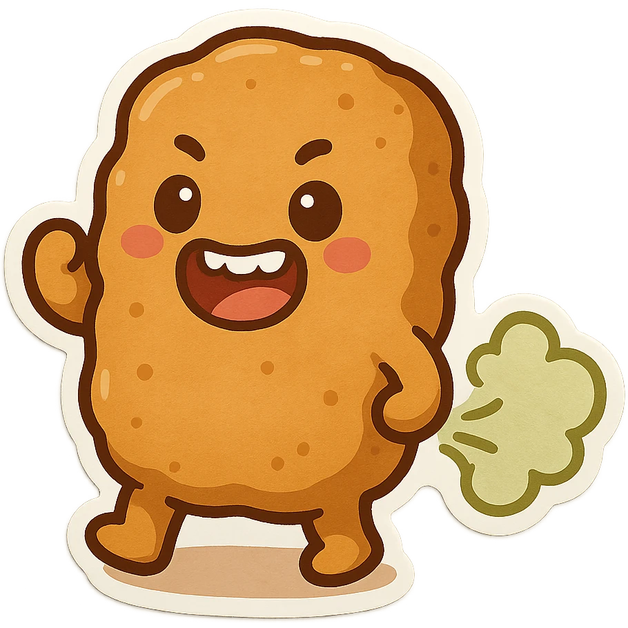 a fun and expressive cartoon chicken nugget character with its mouth open showing teeth and farting, silly and animated style emoji