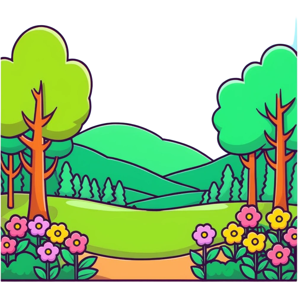 spring forest scene with colorful flowers and green trees in cartoon sticker style emoji