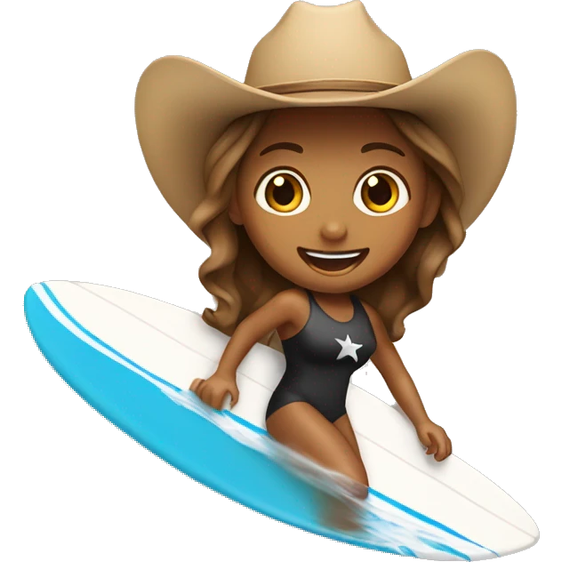 Girl surfing a wave wearing a cowboy hat emoji
