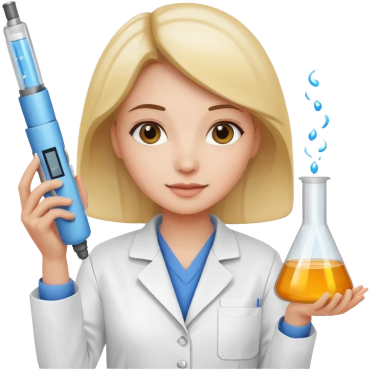 a woman wearing a lab jacket, holding lab equipment, showing pride in new technology emoji