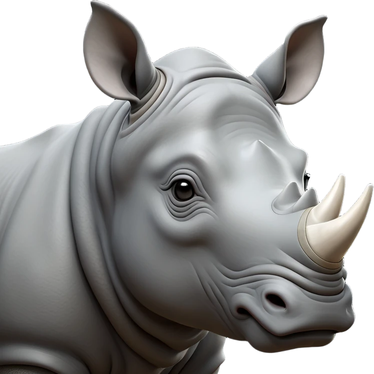 cinematic-noble--rhinoceros-portrait-emoji,slate-grey-hide-poised-and-regal,-with-a-massive,-powerful-build-and-a-thick,--deep-set-soulful-piercing-eyes,-simplified-yet-sharp-and-sophisticated-features,-highly-detailed,-large-black-eyes, white horn emoji